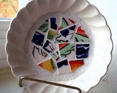 Mosaic Dish: Scalloped, Upcycled, Small, White, Multicolored, Pique Assiette
