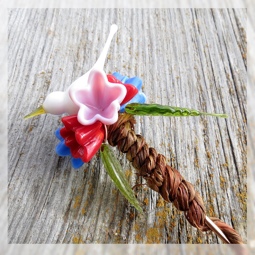 Glass garden art, bird plant stake, yard art, indoor outdoor art glass flowers - May day bouquet