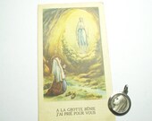 On Sale 25% Off Vintage French Our Lady of Lourdes Holy Card with PENIN Signed Silver Lourdes Catholic Medal