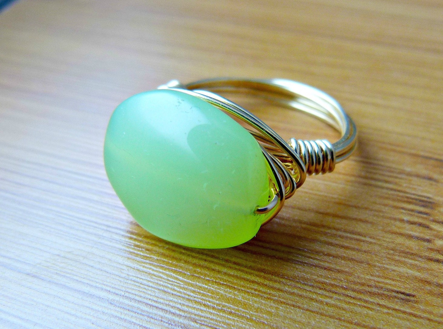 Spring Chalcedony Wire Wrapped Ring - Solid Brass Wire