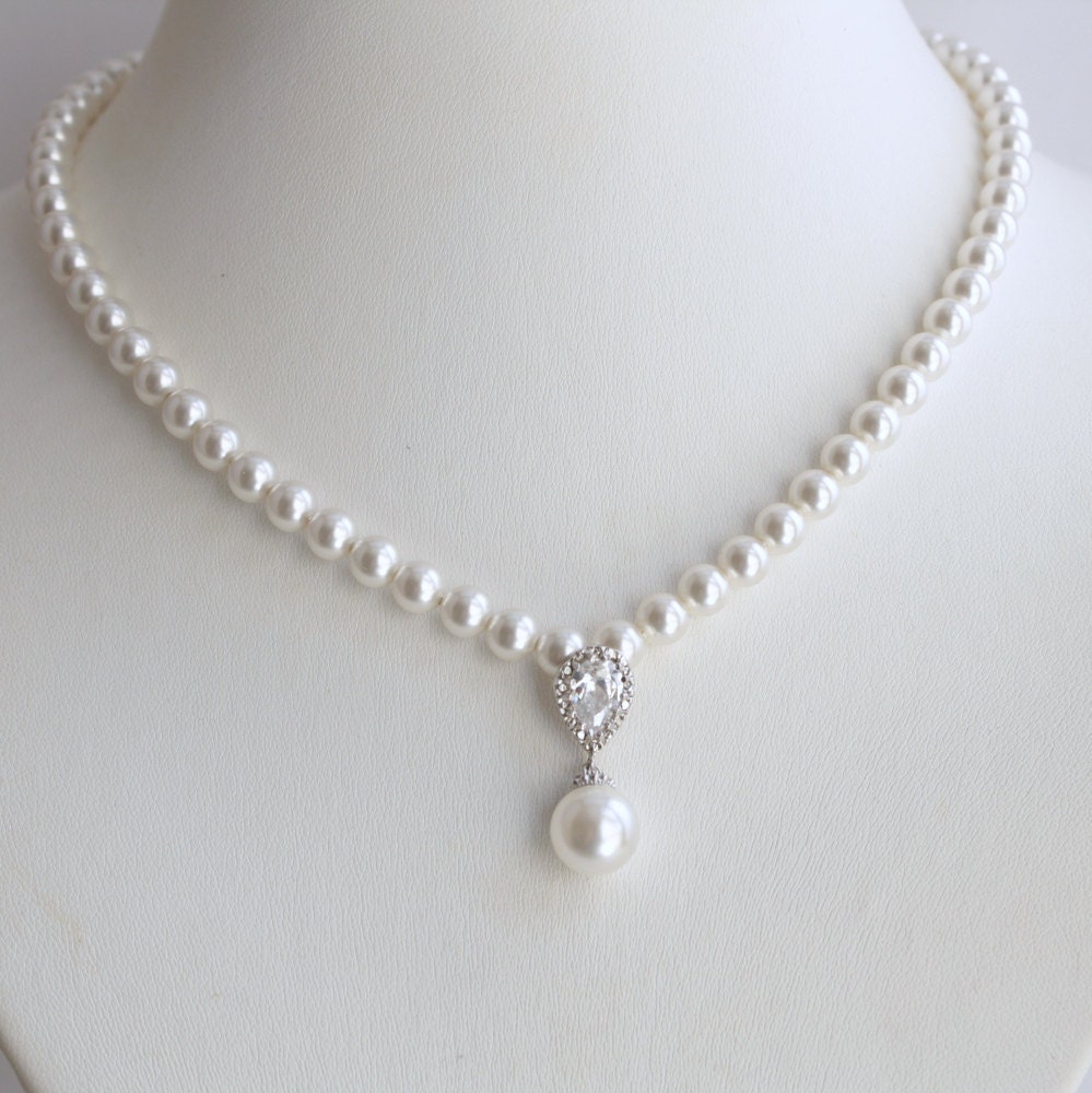 Wedding Jewelry Wedding Necklace Cubic Zirconia Pearl Necklace White Pearl Jewelry Bridal Necklace