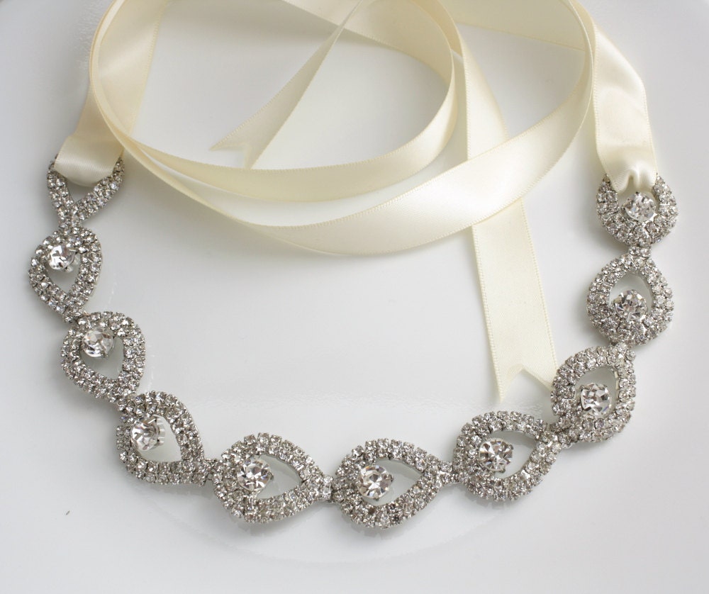 Teardrop Crystal Bridal Headband Wedding Rhinestone Hair Accessories Bridal Hair Piece Ivory Ribbon