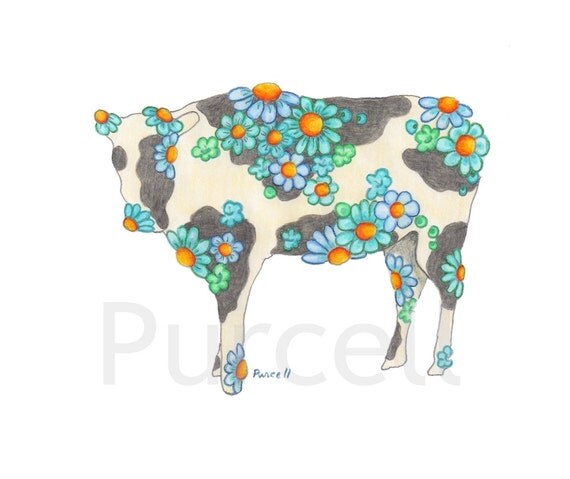 Baby Blue Daisy Cow Art Print 8 x 10 Nursery Art