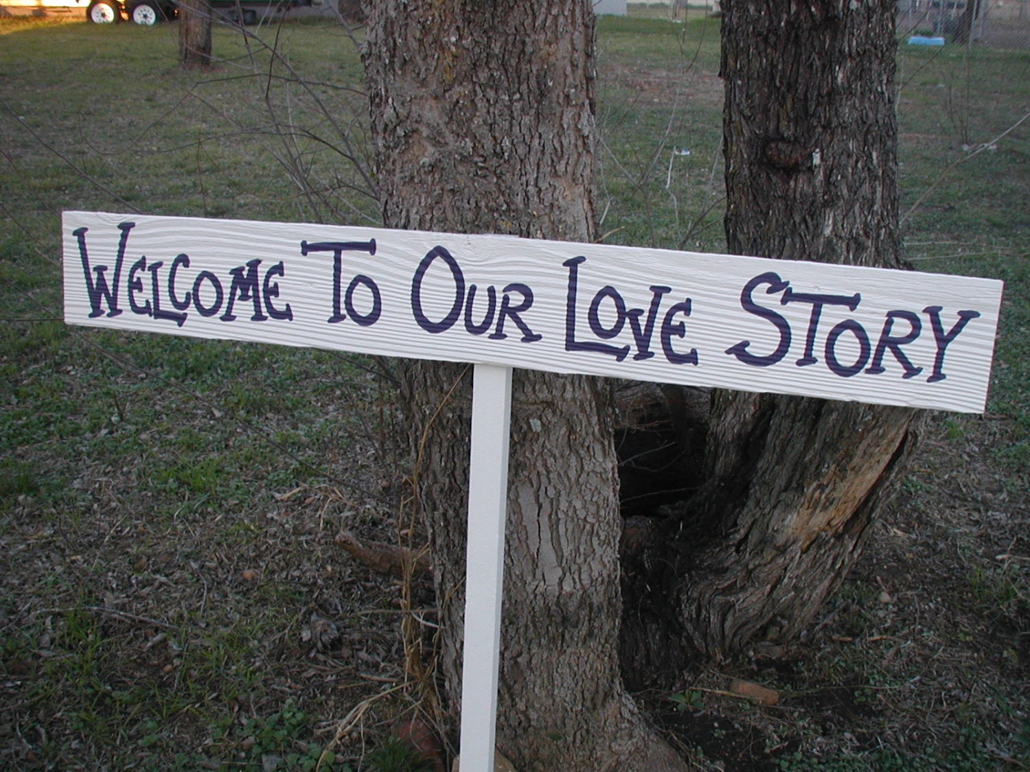 White Rustic Wood Wedding Sign on Stake Welcome to Our Love Story Barn Wood
