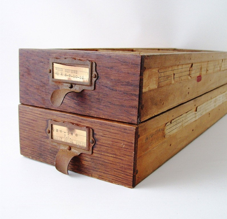 vintage storage drawer bin wood box hardware store display industrial rustic office chic home decor brown wooden box