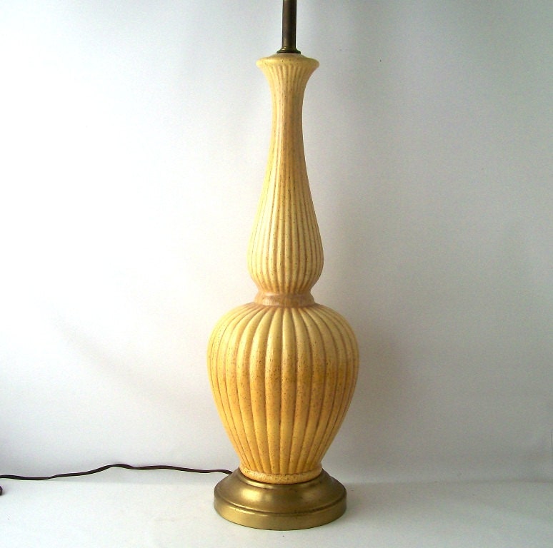 vintage lamp yellow speckled pottery lighting light mid century modern retro mustard brass ombre genie decorative home decor striped ribbed