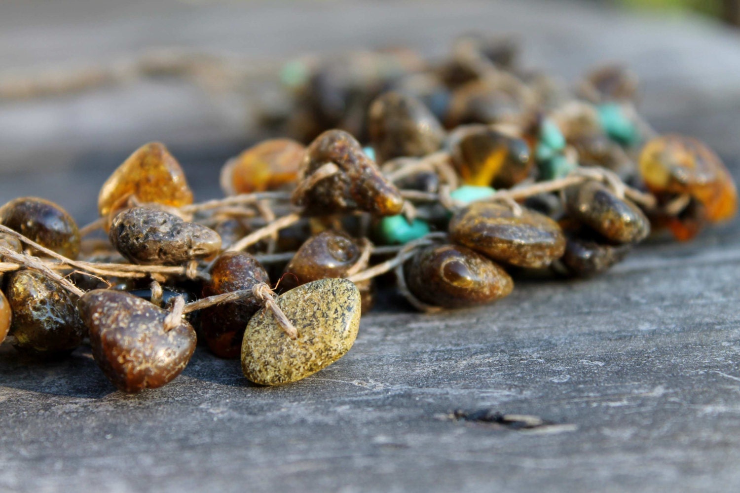Into the Forest Necklace Folk Green Moss Raw Baltic Amber Earthy Colors Dark Teal Turquoise Brown Linen Jewelry Summer Natural  Fashion