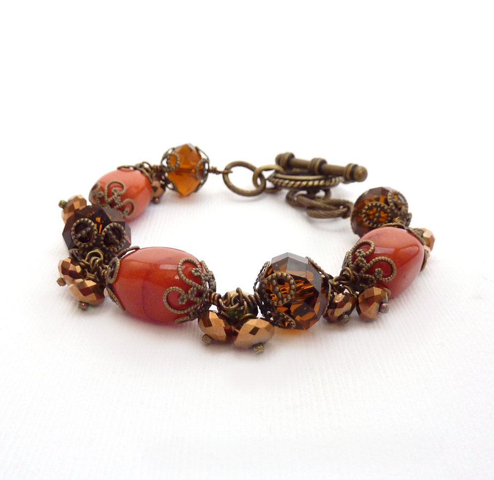 Orange Beaded Bracelet, Wire Wrapped Clusters, Jasper Nuggets, Topaz Crystal, Statement Bracelet, Earthy Colors, Edgy Jewelry