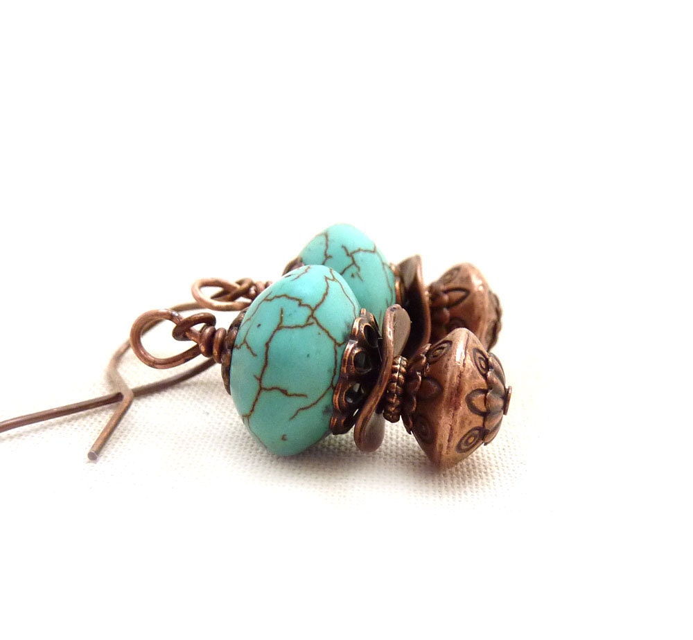 Turquoise Howlite Earrings, Copper and Turquoise, Southwestern Style, Boho Drop Earrings, Casual Everyday Earrings