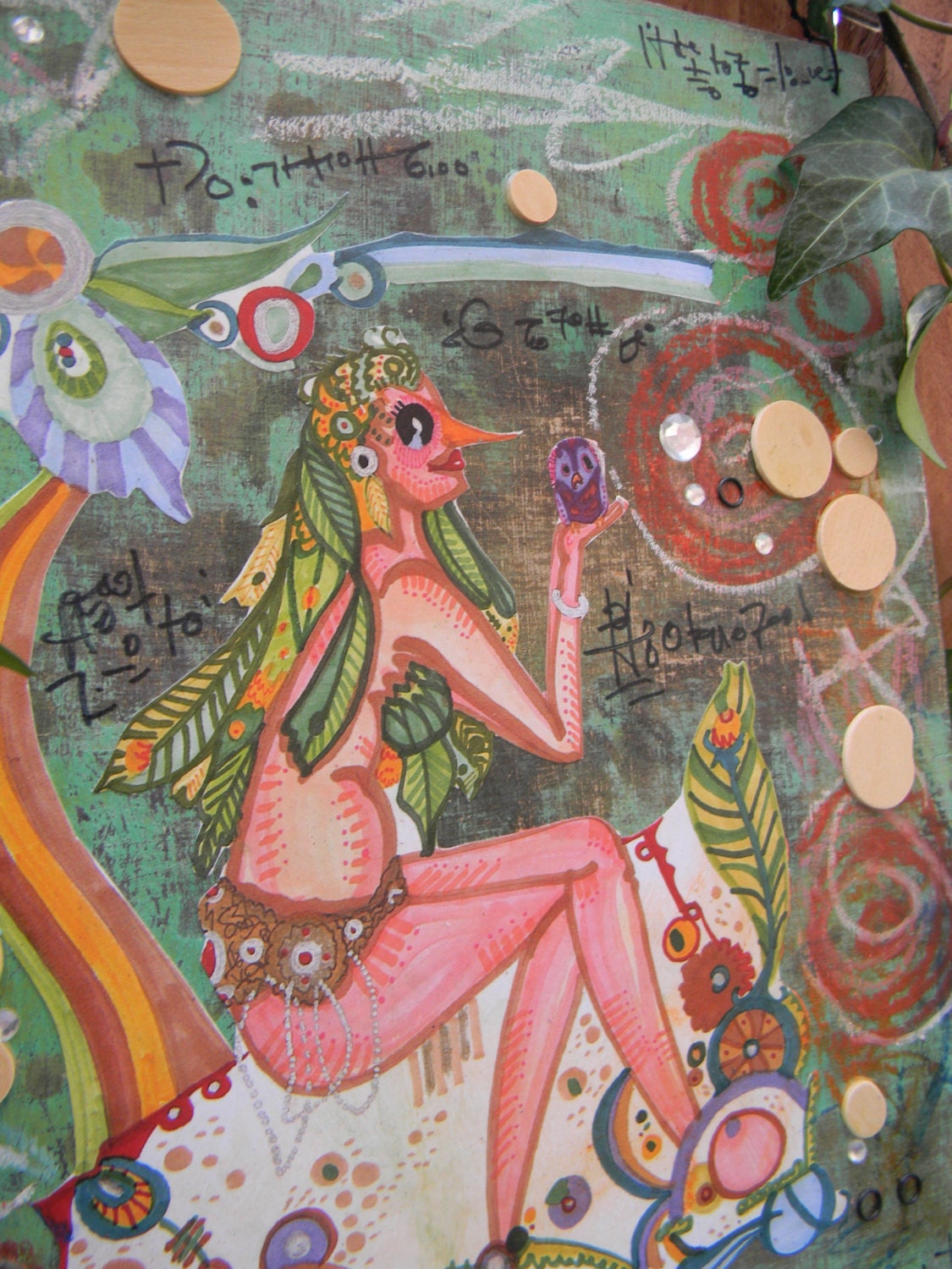 Calm in the storm - Bird lady Collage on wood - textured one of a kind - wire hung - 10x8