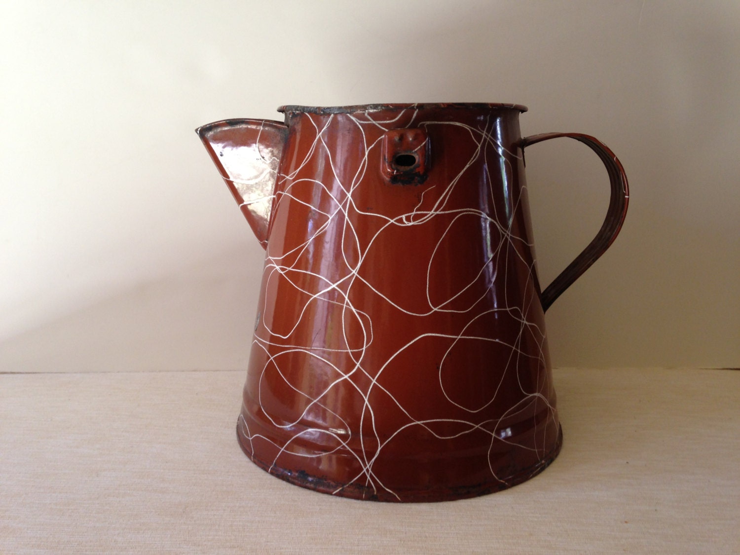 Vintagel Enamelware Coffee Pot Brown with white swirls