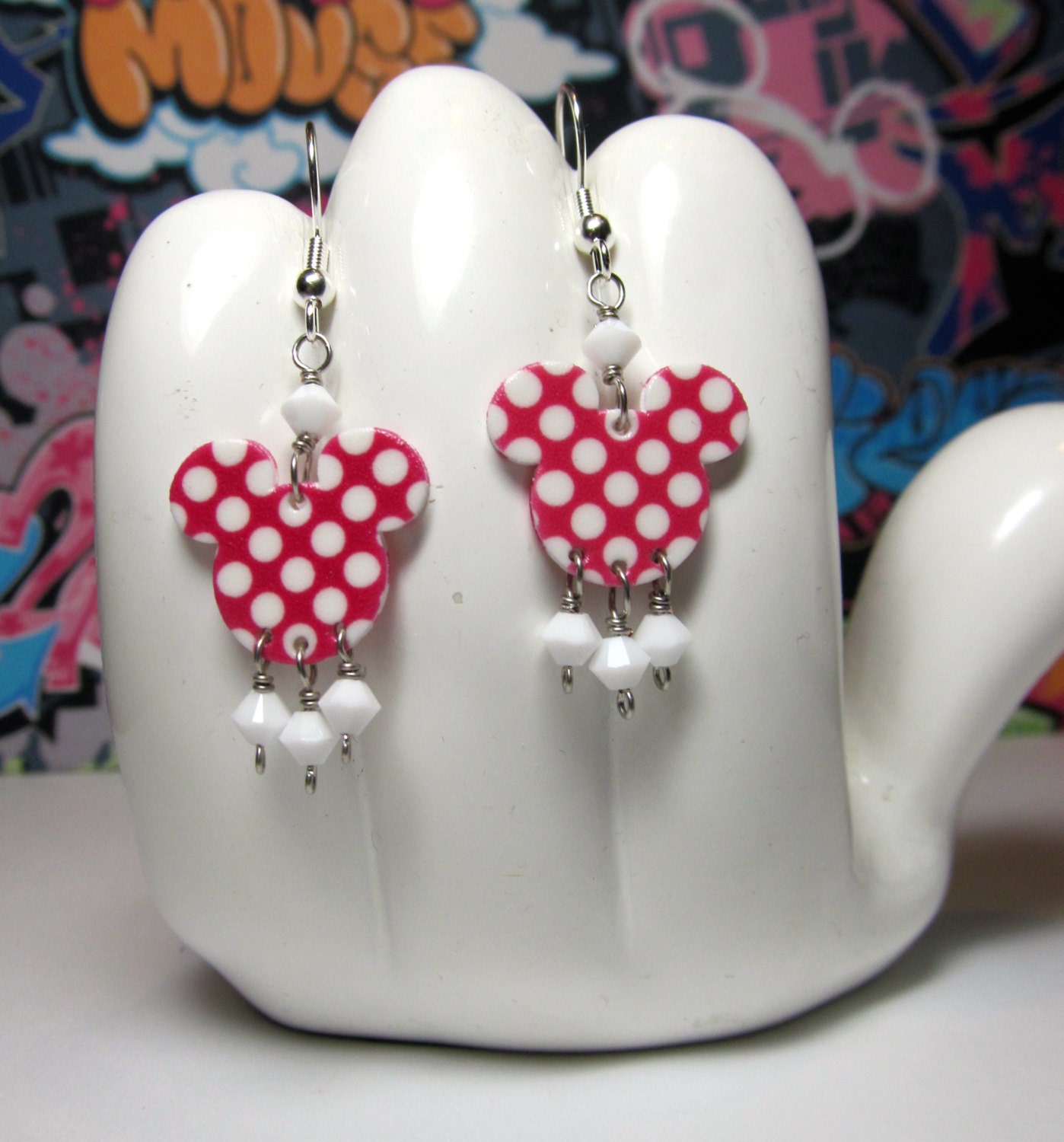 Minnie Mouse Pink and White Polka Dots Double Sided Print Dangle Earrings