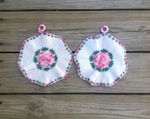 Vintage Pair Crocheted Pink Rosette Potholders