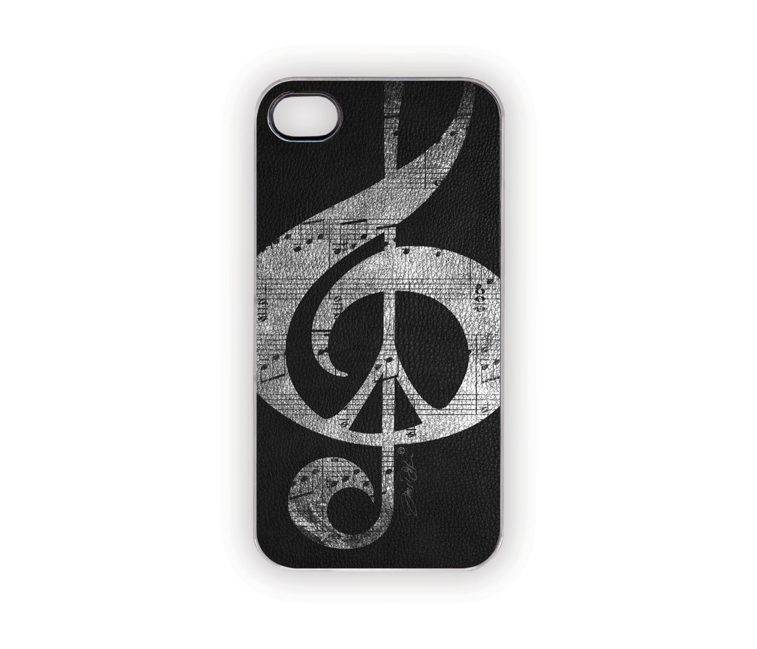 Black iPhone Case Leather Look Music Peace Notes Edgy Protective Rustic Industrial Gray Silver Him Urban Chic Hip Hop Tough Cool