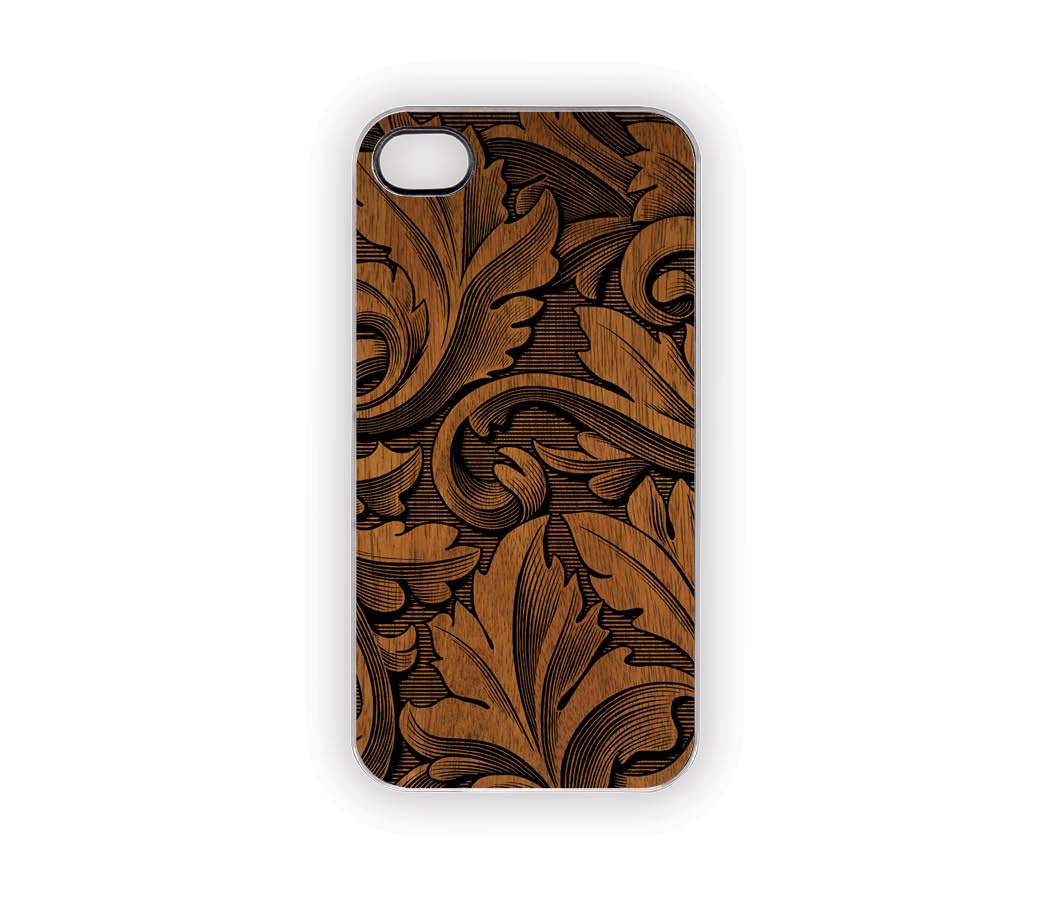 Nature Carved iPhone Case Organic Leaf Botanical Wood Carved-look Woodland Nature Black Brown Rustic Classic iPhone 5 4S 4 Leaves
