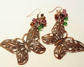 Fantasy copper butterfly large metal filigree with sparkling bouquet of Swarovski bicone crystal cluster and copper hooks dangle earrings
