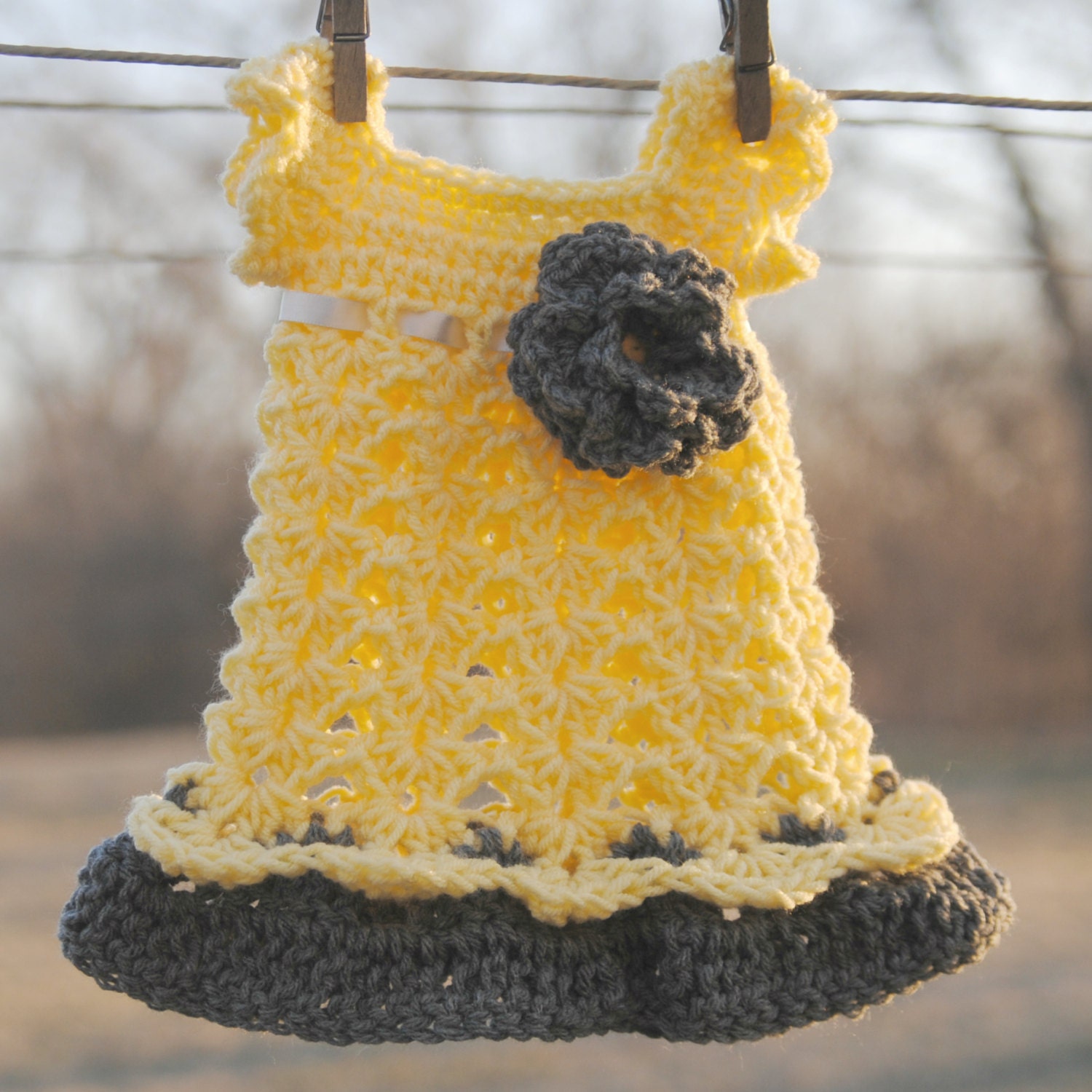 Yellow and Gray Baby Outfit Newborn Dress Infant Girl Headband Flower Photo prop Take home First Outfit Baptism Christening Wedding