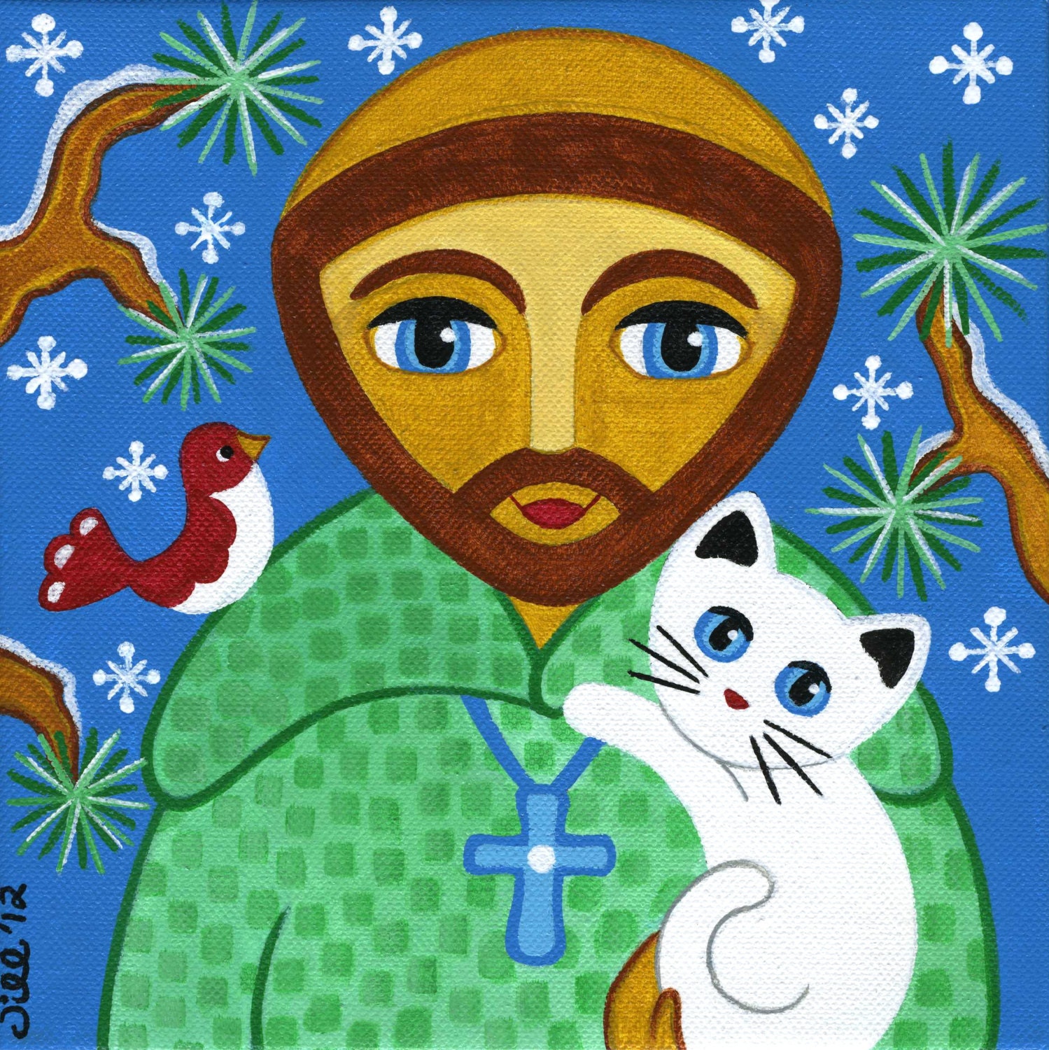Original Canvas PAINTING - St. FRANCIS of Assisi & White CAT Winter Woods 8x8 by Jill