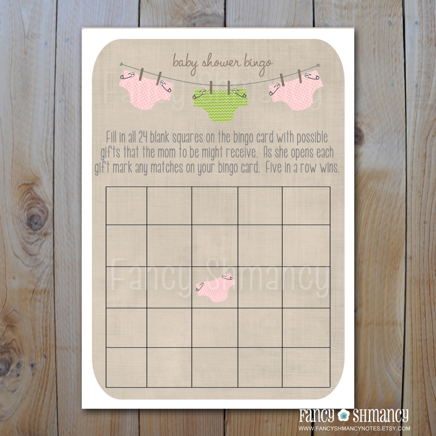 Baby Shower Bingo Game Cards / Instant Download / Pink and Green Diapers on a Clothesline / Printable Baby Shower Game / Item 1638