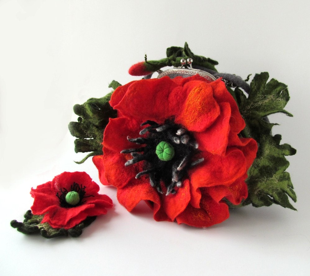 Felted handbag flower Red Poppy flower  under 100