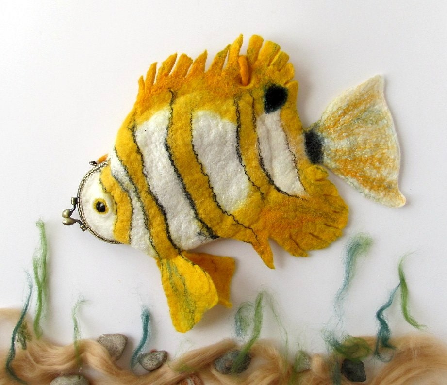 Felted purse cosmetic Yellow Fish  Butterfly  octopurse