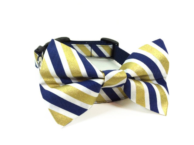 Bow Tie Dog Collar - Preppy Stripes Navy & Gold