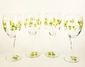 Hand Painted Wine Glasses with Lemon Yellow Rose Buds, Green Leaves Set of 4 - HandPainted Glassware Spring Summer Mothers Day