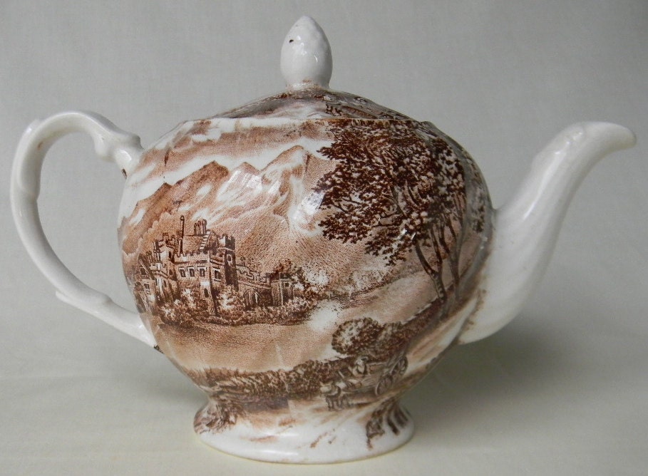 Brown Transferware Teapot Tea Pot  Horse Cart English Manor  Mountains