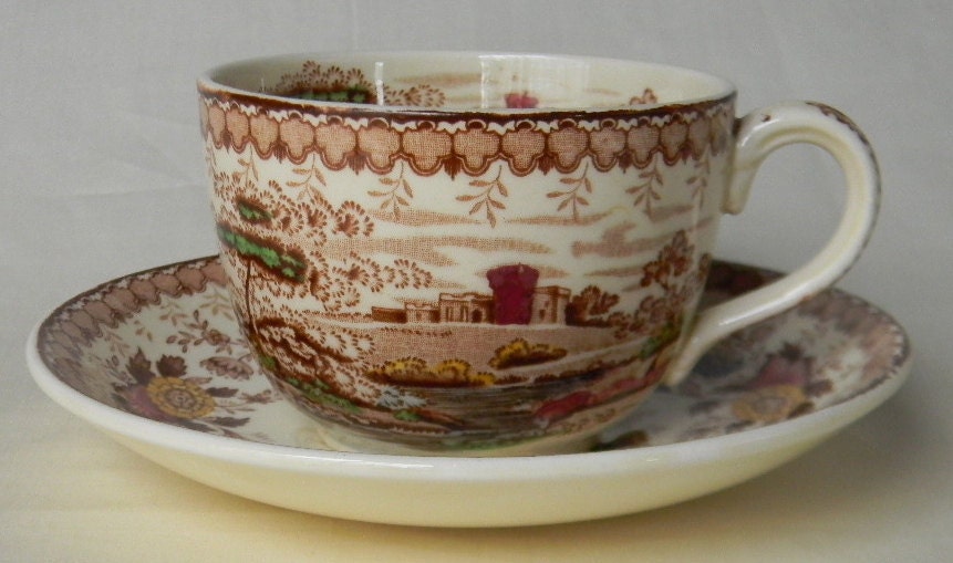 Polychrome Brown Transferware Vintage English Tea Cup Teacup and Saucer Castle Stream Roses