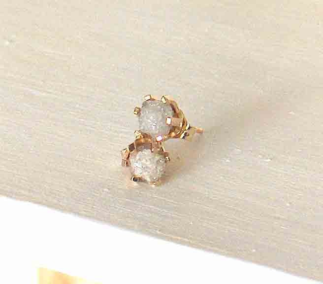 Diamond Stud Earrings - Rough Uncut Raw White Grey Diamonds - 14K Gold Post and Prong Stud Earrings