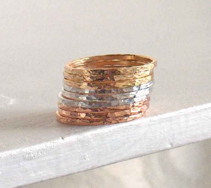 Gold Stacking Band Rings - Tri Color Mixed Metal Rings - Gold & Silver Narrow Band Rings - Hammered Shiny Stacking Rings - Made to Order