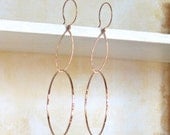 Long Gold Dangle Hoops - 4 Inch Long 14K Rose Gold Filled - Hammered Wire Dangle Hoops - Made to Order