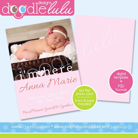 Digital Printable 5x7 I'm Here Pink Baby Girl Photo Card Birth Announcement Template - Design from DOODLELULU by 2 june bugs Il_170x135