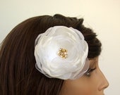 White Bridal Hair Flower, White and Gold Bridal Hair Bobby Pin, Satin and Organza Bridal Hair Flower