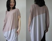 Wear Both Front & Back Side -  2 Tone Patched Asymmetrical Hem Brownish Beige And Grey Spandex Cotton Tunic