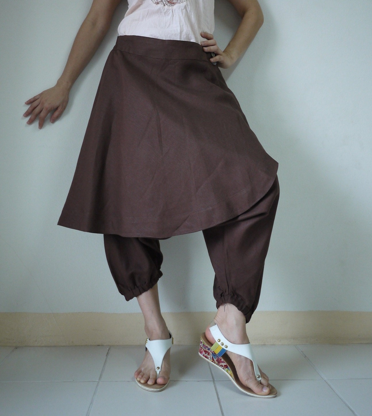 Funky Harem Boho Drop Crotch Dark Brown Linen Pants