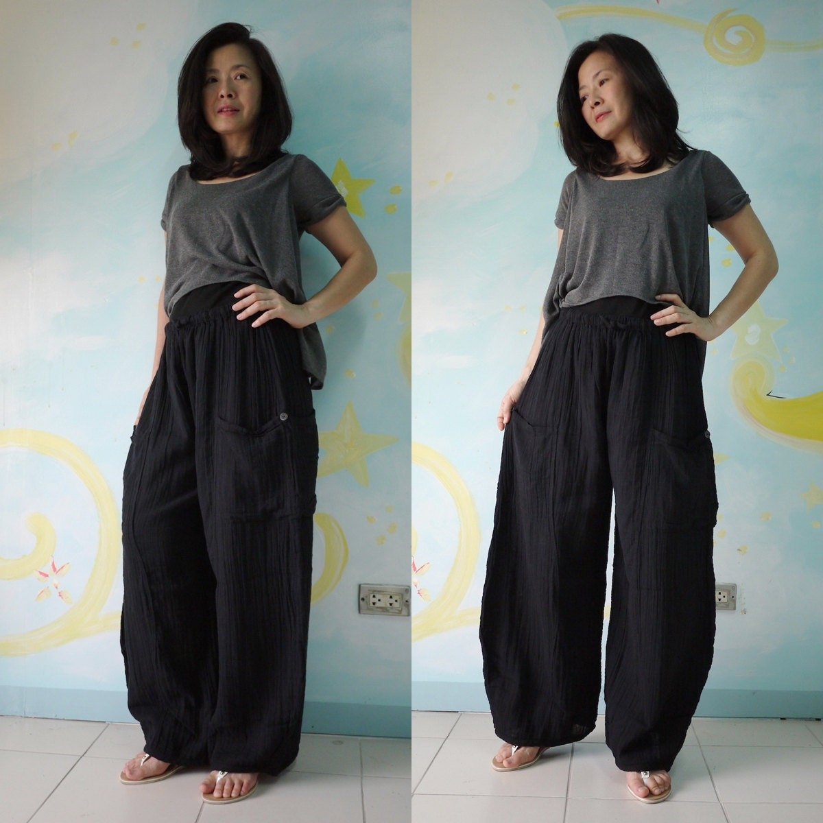 Take Me Home...Hand Dyed Black Light Double Gauze Cotton Unisex Pants With 2 Roomy Patched Pockets