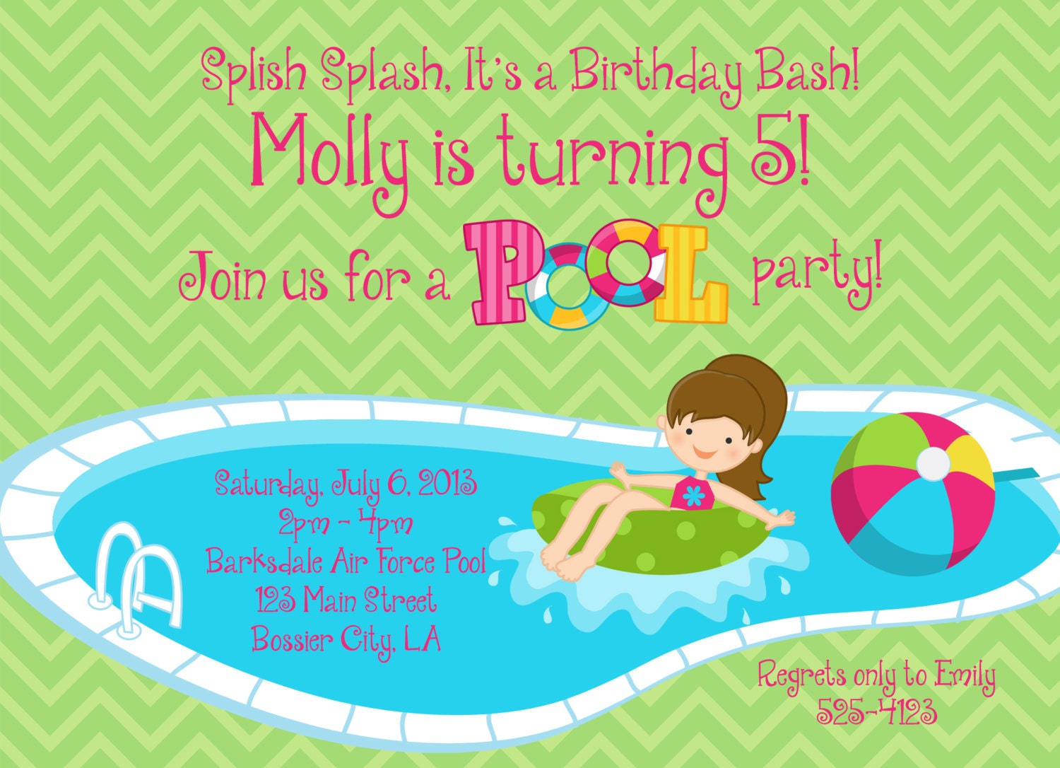 Custom Invitation Pool Party for Girl Splish Splash It's a Birthday Bash Swim Party 5x7 JPEG or PDF Digital File for e-mail or print