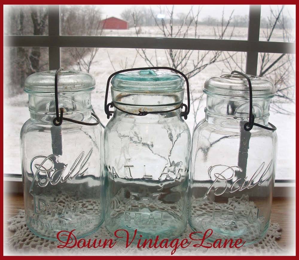 3 Quart Size LIGHT GREEN Mason Jars with WIRE Handles Ball and Atlas