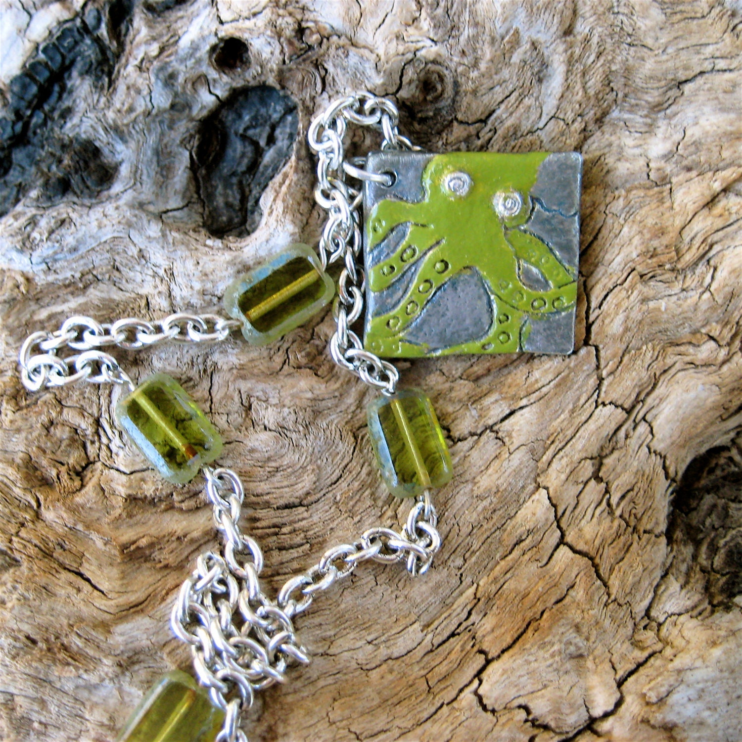 Octopus Necklace with Artist Designed Pewter Pendant and Moss Green Czech on Silver Plated Chain Ocean Jewelry