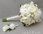 Wedding Bouquet Real Touch Calla Lilies Silk Button Mums Hydrangea Pearl Rhinestone Accents Bridal Bouquet Groom's Boutonniere