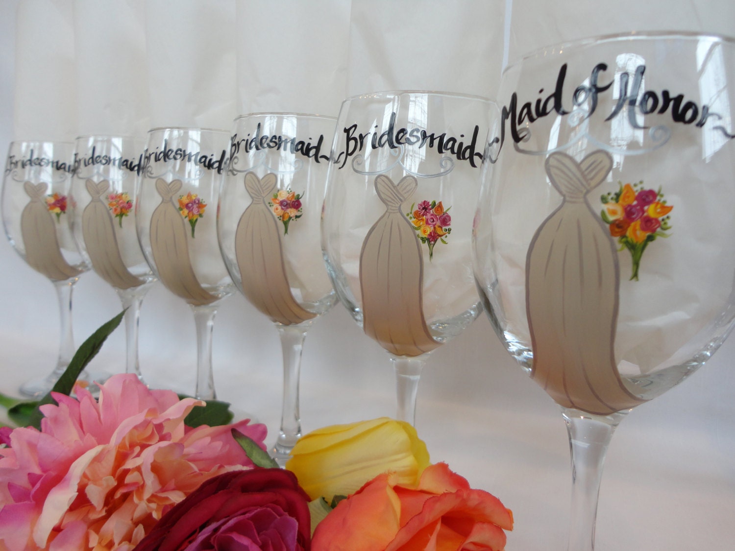 THE ORIGINAL Personalized Hand Painted Bridesmaid Dress Champagne Glasses -Gift Wrapping Available