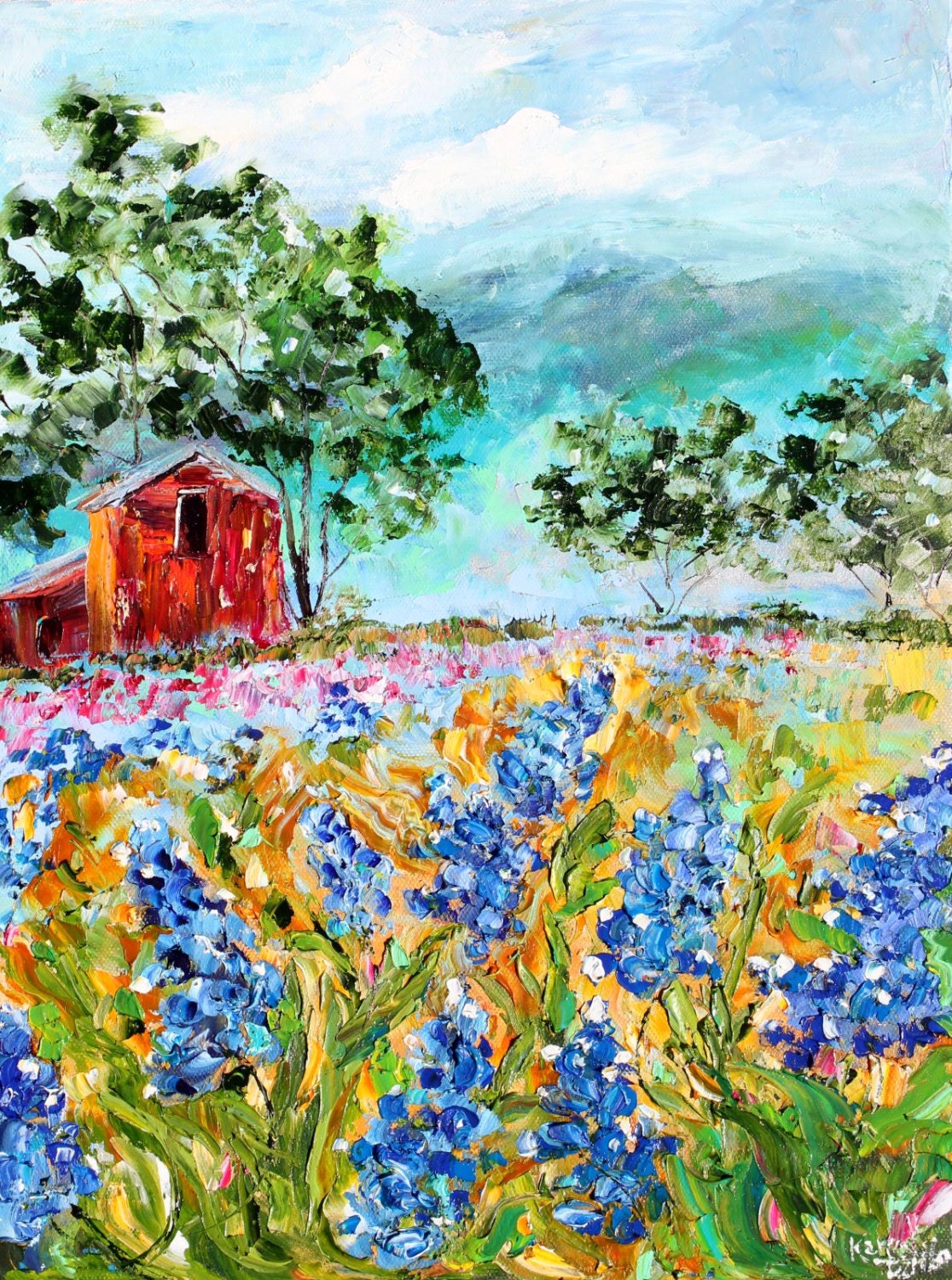 Original Texas Bluebonnet Flower painting palette knife texture on canvas oil impressionistic fine art impasto by Karen Tarlton