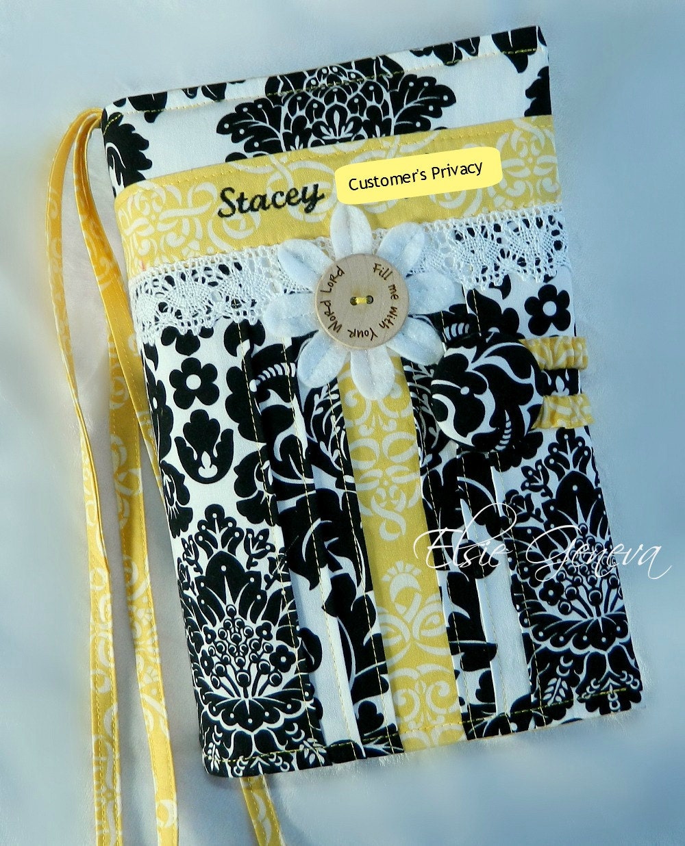 Made to Fit Personalized Black White & Yellow Damask and Lace Bible or Journal Cover Choose Any Fabric in My Shop