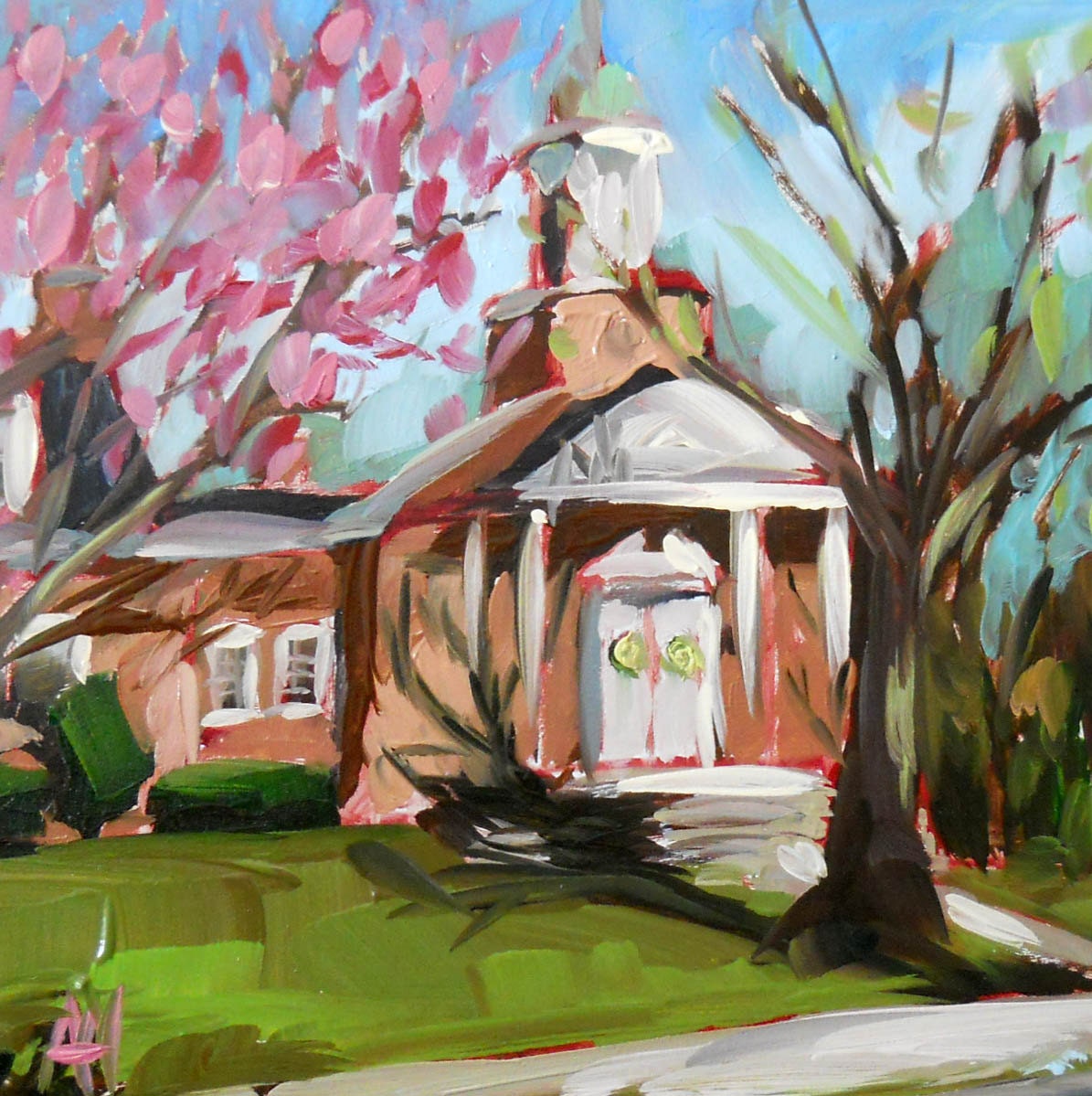 Church on the Corner in Spring original landscape oil painting of springtime by moulton 6 x 6 inches magnolia blossoms prattcreekart