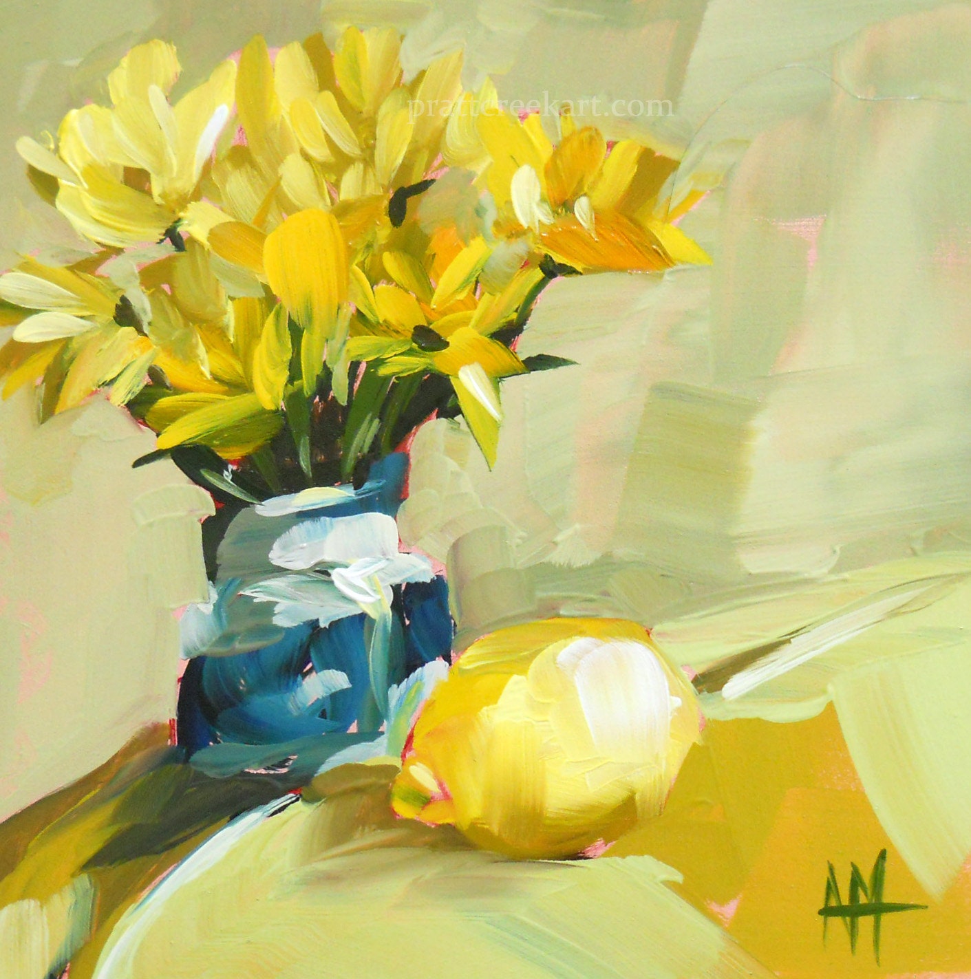 Yellow Flowers in Blue Vase and Lemon original still life floral painting 6 x 6 inches on panel by moulton prattcreekart