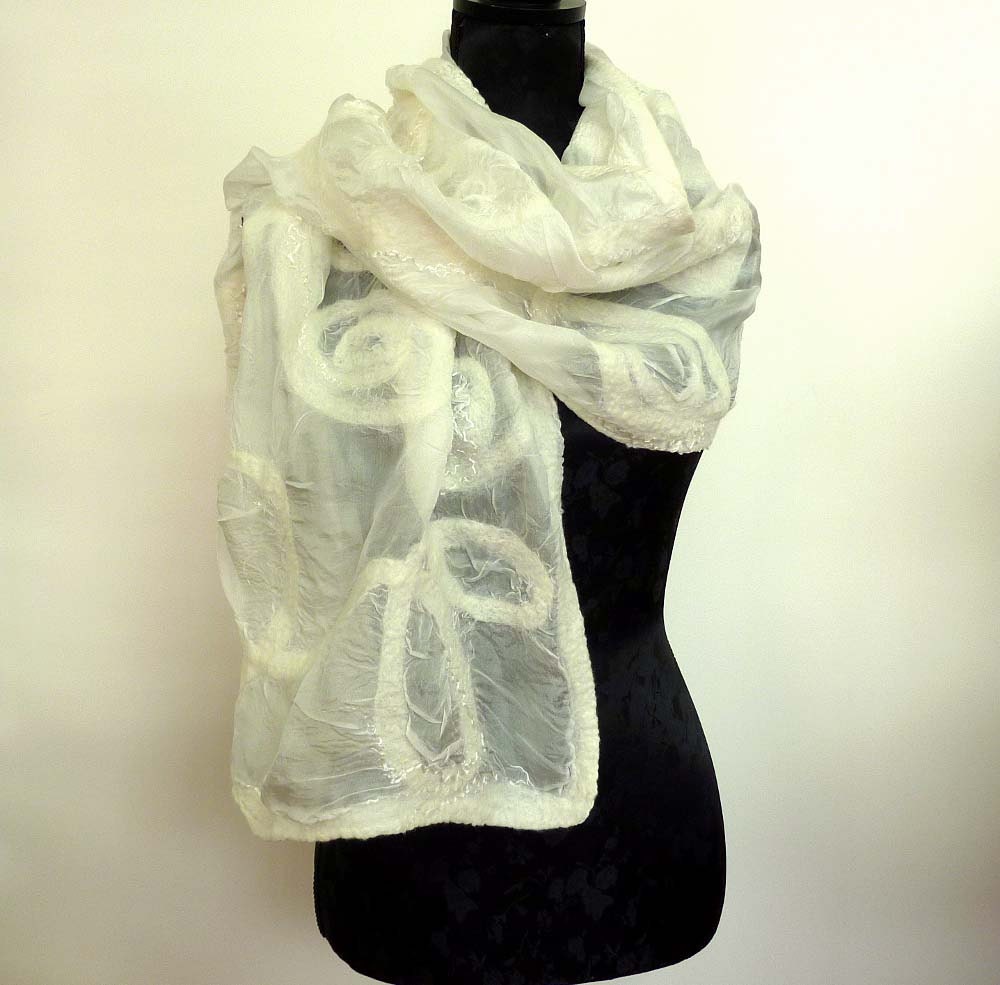 White Silk Fashion Stole. Wool Felted Evening Wrap. Nuno Felted Wearable Art. Bridal White