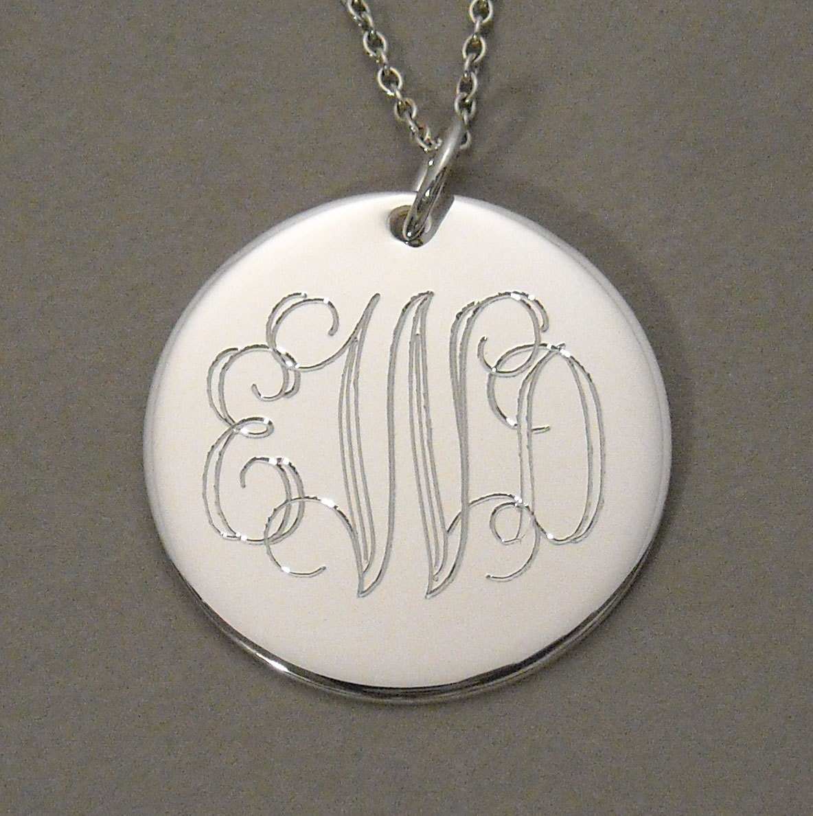 Sterling silver personalized triple letter pendant necklace engraved 7/8 inch round circle disc charm UTLIS