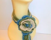 Crochet handmade flower necklace, scarflette, fashion scarf, green, creme and blue, gift, women, teen, accessories