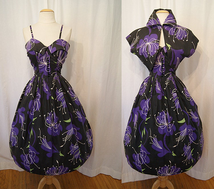 Atomic 1950's black purple and green floral print cotton new look day dress with matching bolero tiki pin up girl summer - size Medium